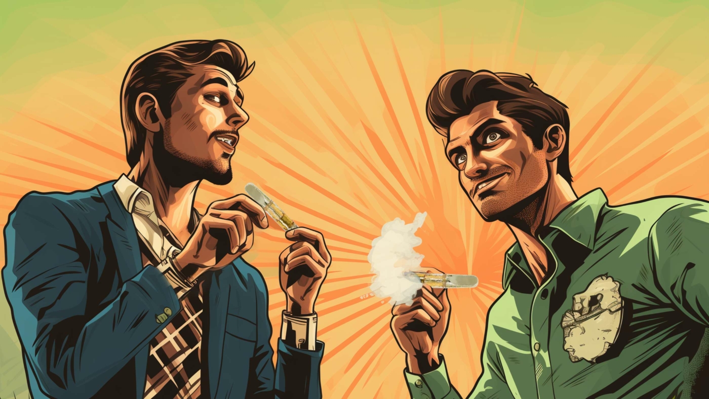 Indacloud. A Man Holding A Cannabis Cartidge Talking With His F F92B33C1 A4Df 4102 95C0 F972A452951B