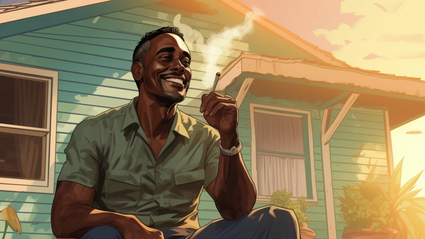 Indacloud. A Happy Middle Aged Black Man Smoking A Joint On His 881959Ab 7764 4382 9382 D4132Df4122F