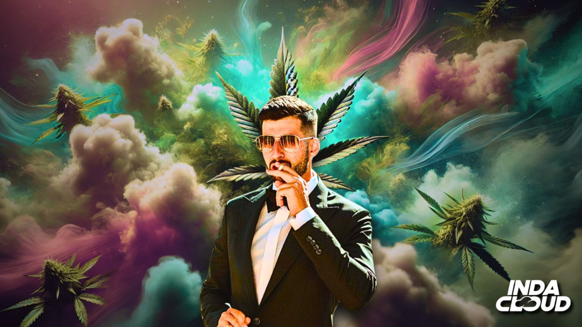 Man in a suit and sunglasses smoking, with a surreal background of colorful clouds, cannabis leaves, and floating buds.