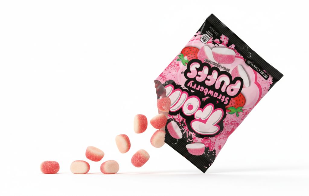 Close-up of trolli edibles Strawberry Puffs gummies on a clean white background