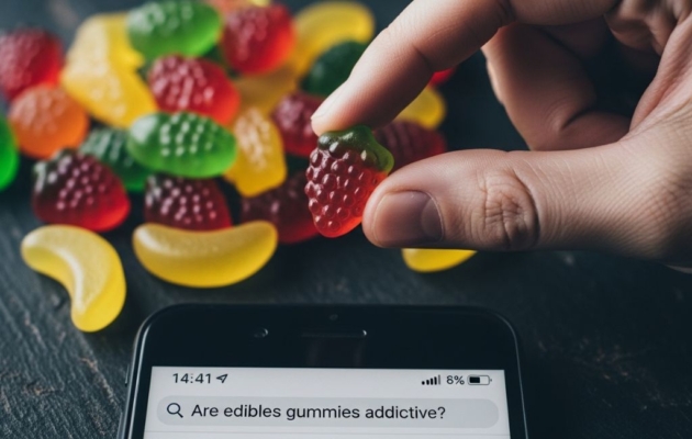A hand holding a strawberry-shaped gummy candy over a smartphone displaying the search query “are edibles addictive”