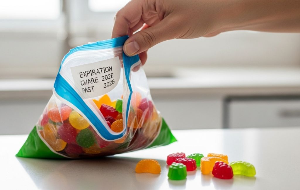 A hand holding a bag of colorful gummy candies labeled “PAST 2025” highlighting the question can you eat expired edibles