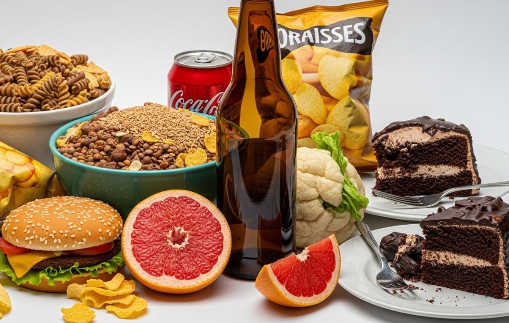 A collection of unhealthy foods including chips, pasta, cereal, hamburger, soda, beer, and chocolate cake illustrating foods to avoid with edibles