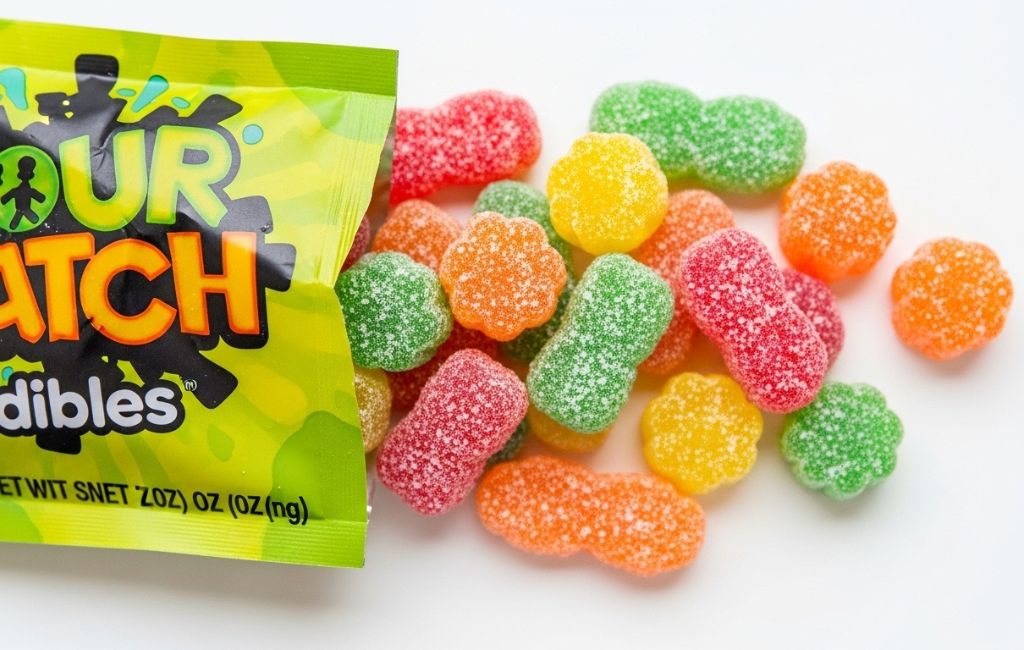 Close-up of Sour Patch edibles bag and colorful sweet and sour gummies spread out