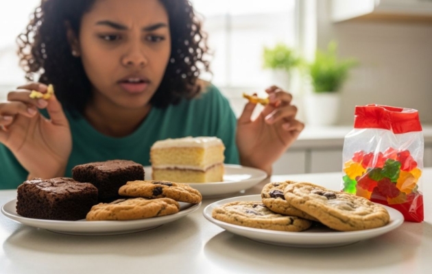 A worried person looking at a table full of cake, brownies, cookies, and gummy bears representing why do edibles not work on me